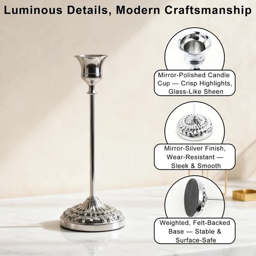 BEAHOT Silver Candle Holders - Set of 6 Elegant Non-Slip Holders with Matching Snuffer for Home Decor