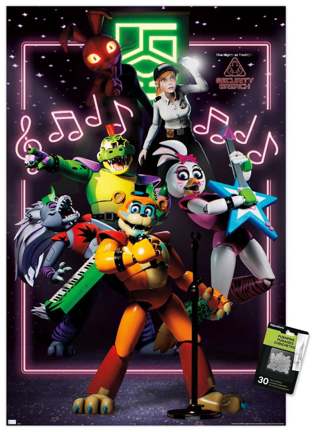 Five Nights at Freddy's: Security Breach - The Band Wall Poster with Push Pins, 22.37" x 34.00", Poster & Push Pin Bundle