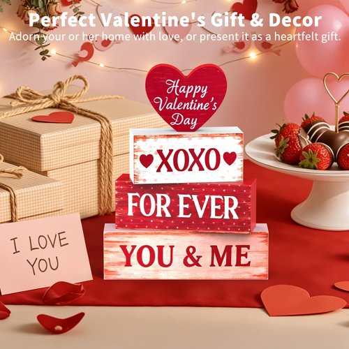 OLANRUN Valentines Day Decorations - 4 Pack Wooden Block Heart Set Signs Valentines Day Table Decor - 7.8 Inch Valentine's Decorations for Home Office Bedroom Tiered Tray Fireplace Mantel