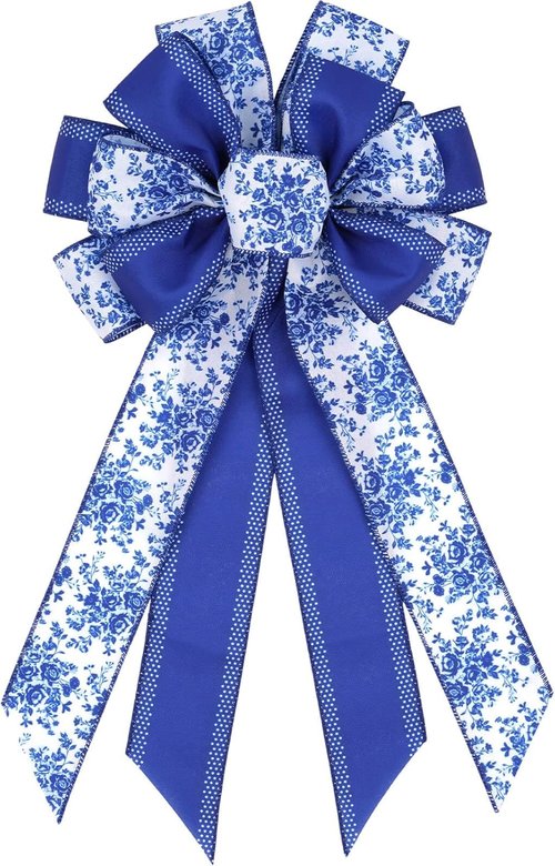 Chinoiserie Blue Wreath Bow - 21 Inch Large Floral Wired Ribbon for Spring Door Decor | Wedding Lantern Accent