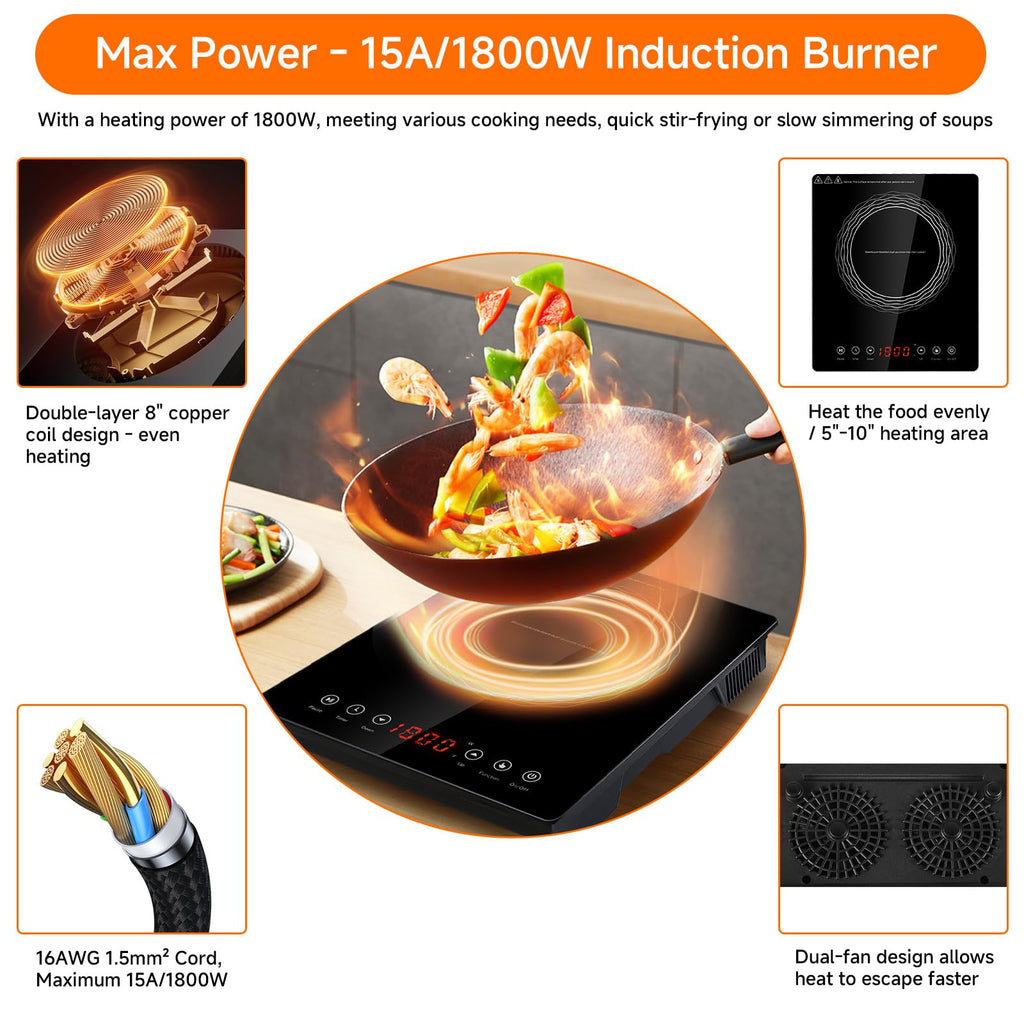 Portable Induction Burner, 1800W, Large 8” Heating Coi, Hot Plate Countertop Burner with Touch Panel, Power & Temp Adjustable, Hot Plate Cooker with 4-Hour Timerl