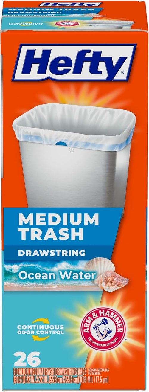 Hefty Medium Trash Bags - Ocean Water Scent, 8 Gallon, 26 Count | Strong & Durable