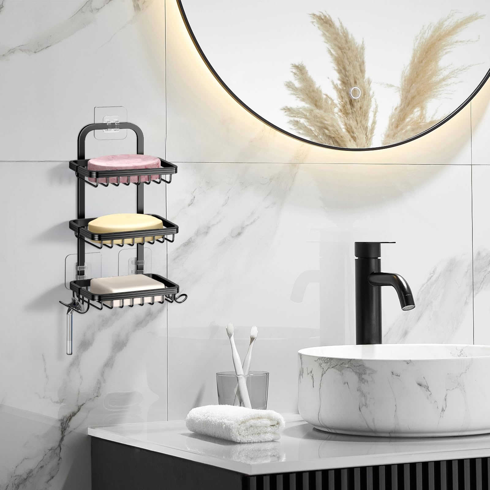 3 Tier Soap Bar Holder for Shower, Aluminum Wall Mounted Rustproof Soap Holder with 4 Hooks and Razor Holder, Shower Rack Soap Tray Bar Soap for Bathroom Accessories Organizer Black