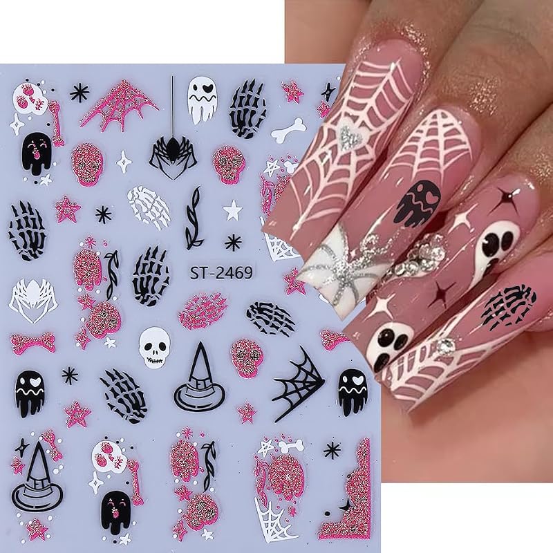 Pink Halloween Nail Art Stickers 3D Self-Adhesive Ghost Skull Decals 6 Sheets
