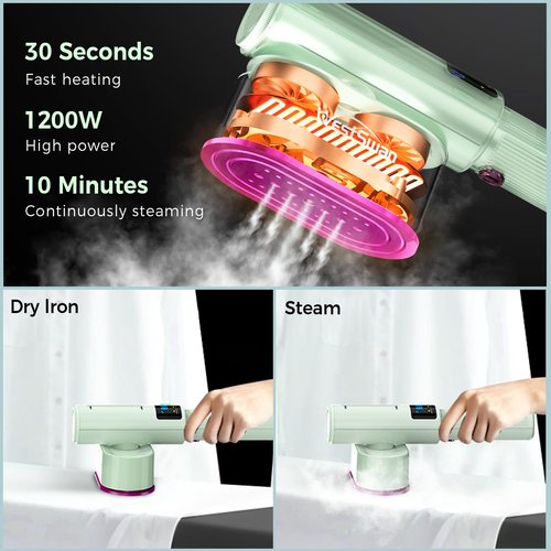 Portable Travel Steamer for Clothes, Fast Wrinkle Remover Garment Steamer for Home & Travel, 2-in-1 Iron & Steam with 90°Rotatable Head, Handheld Iron Steamer with LCD Temperature Display