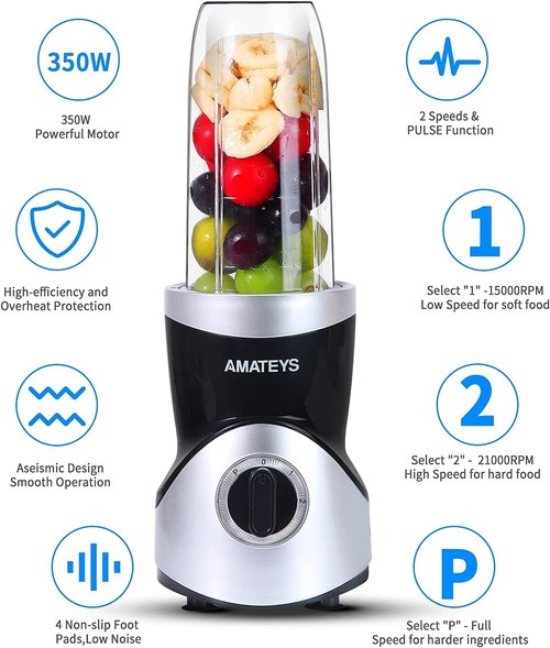 Amateys Personal Blender - Professional Smoothie Maker with Blending & Grinding Blades | 24/10 OZ Travel Bottles
