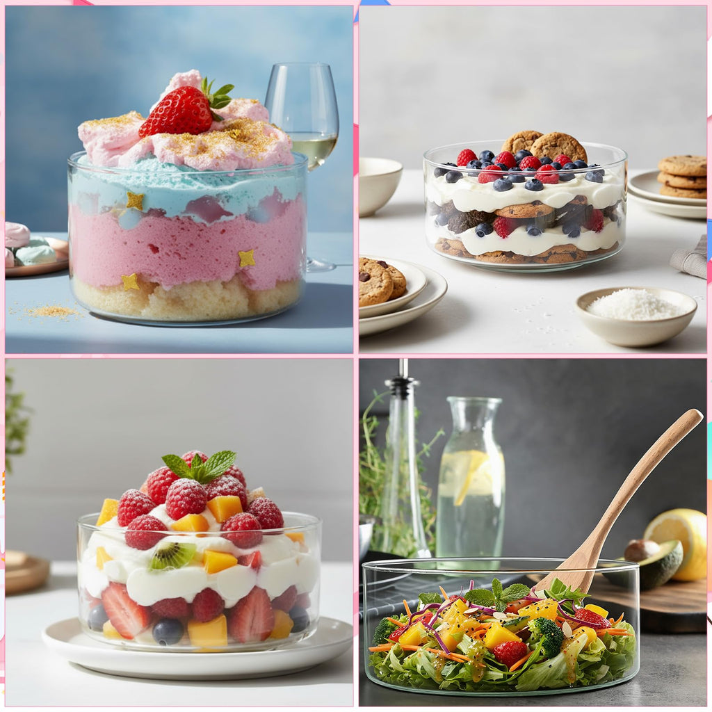 Qinyoung 2 Pack Large Trifle Bowls with Lids 9 Inch and 6.9 Inch Clear Glass Large Salad Bowl for Cake, Baking, Dessert, Fruit and Party DIY with 5 Pcs Wood Serving Utensils, Microwave Dishwasher Safe