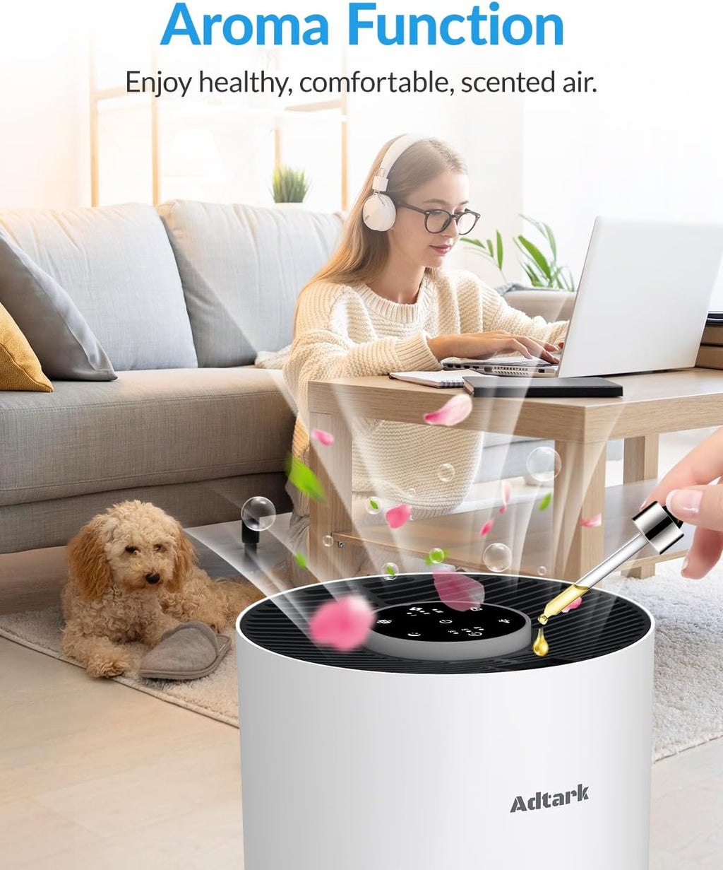 ADTARK Air Purifier - 3-in-1 Filter with Sleep Mode & Aroma Function | Ideal for Home, Office, Dorm (White)