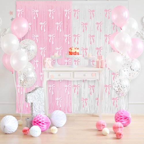 4 Pack Pink Bow Party Backdrop Decoration Pink Bow Foil Fringe Curtains for Girls Bow Birthday Baby Shower Decorations Bridal Shower Bachelorette Party Decor Supplies 3.2ft X 8.2ft