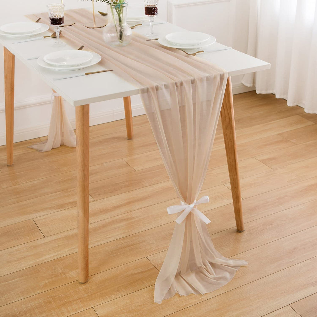 WELTRXE 10 Pack Champagne Chiffon Table Runner 30x120 Inches Romantic Sheer Wedding Table Runner Glitter Brown Tulle Fabric Party Table Decorations for Wedding, Birthday Party, Bridal & Baby Shower