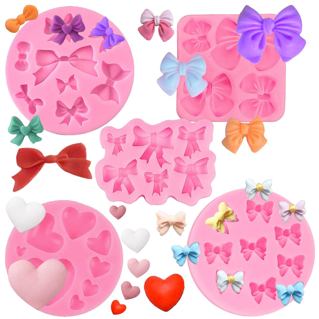 5 Pack Silicone Bow Fondant Mold Heart Silicone Molds Bowknot Cake Pop Mold Chocolate Candy Bow Molds for Birthday Wedding Party DIY Cake Decoration - Reusable Baking Tools Gift for Bakers