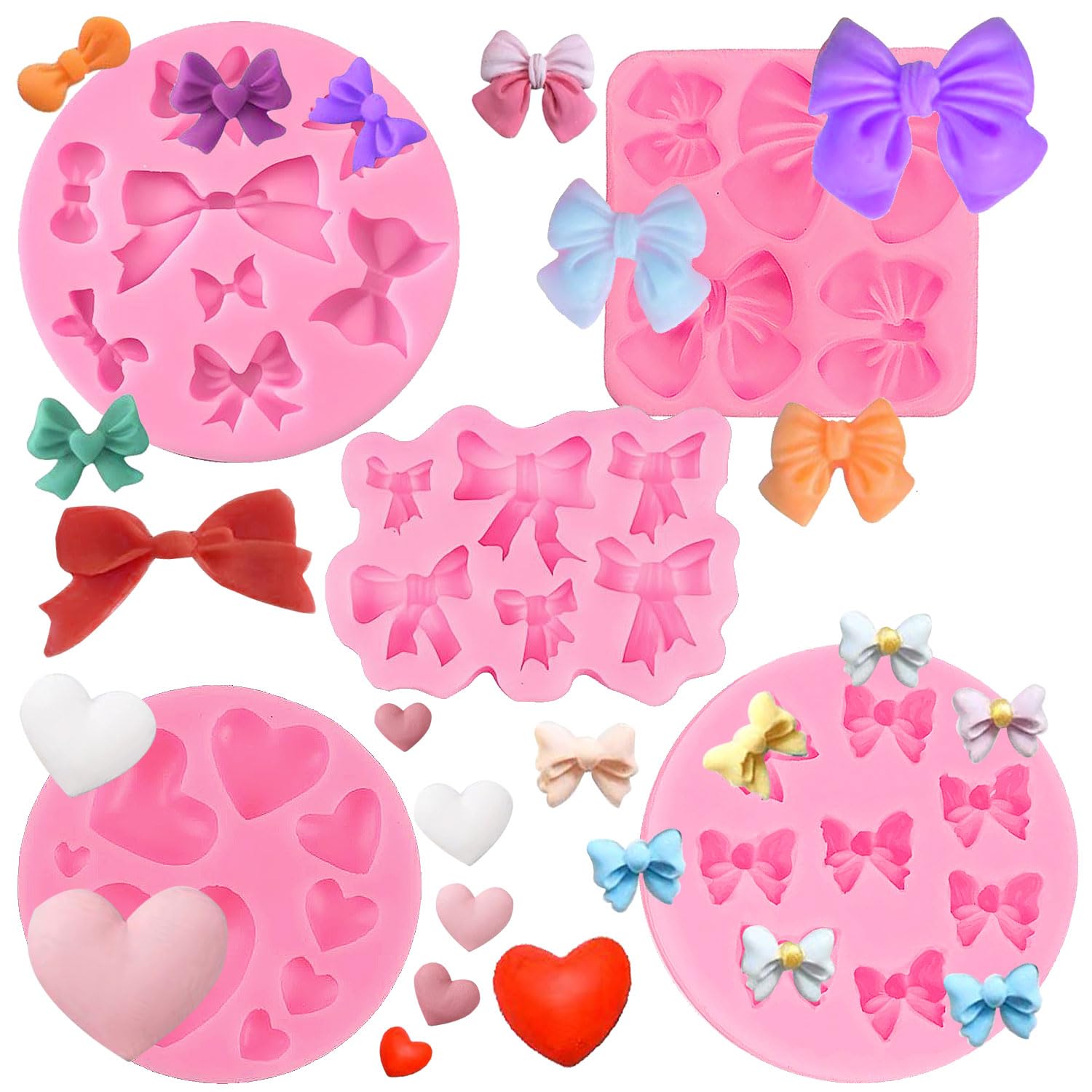 5 Pack Silicone Bow Fondant Mold Heart Silicone Molds Bowknot Cake Pop Mold Chocolate Candy Bow Molds for Birthday Wedding Party DIY Cake Decoration - Reusable Baking Tools Gift for Bakers