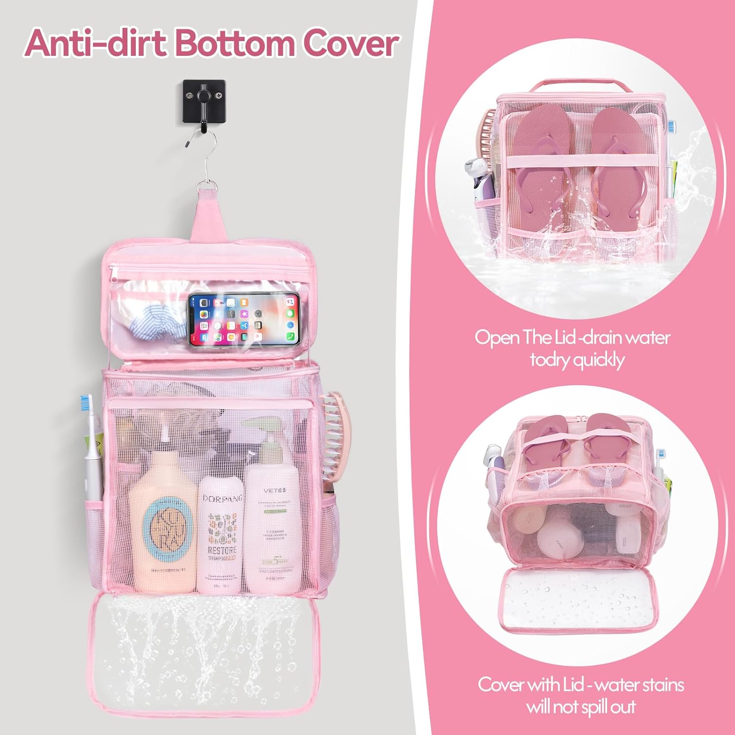 Tiostep Portable Mesh Shower Caddy - Collapsible Organizer with Hanging Hook | Quick Dry, Large Capacity for Travel & Dorm Essentials