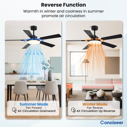 Conciseer 52 Inch Ceiling Fans with Lights and Remote for Bedroom Living Room Kitchen Office, Indoor/Outdoor Use, 5CCT Dimmable, 5 Blades, 6 Speed Reversible Quiet DC Motor, Black/Wood Grain
