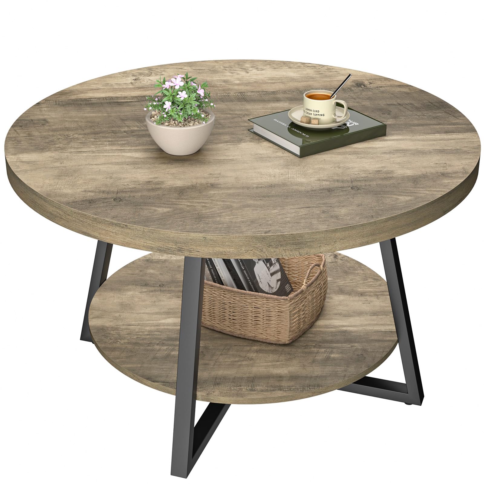 GreenForest Round Coffee Table with Storage, 30 inch Circle Center Tables for Living Room, Modern Sofa Table for Small Spaces, Home Office, Easy Assembly, Grey Wash