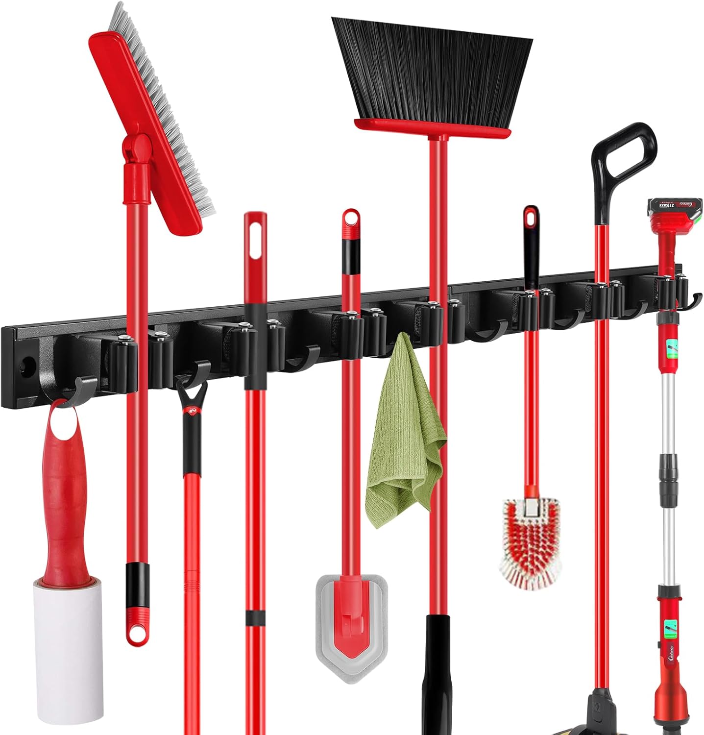 SLIIMU 30'' Movable Broom and Mop Holder - Wall Mount Organizer with 7 Racks & 8 Hooks for Home Storage
