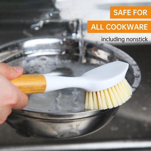 Cooptop 3 Pack Dish Brush Set with Bamboo Handle, Dish Scrubber Built-in Scraper, Kitchen Scrub Brush for Cleaning Cast Iron Cookware, Pans, Pots, Counter & Kitchen Sink (White)