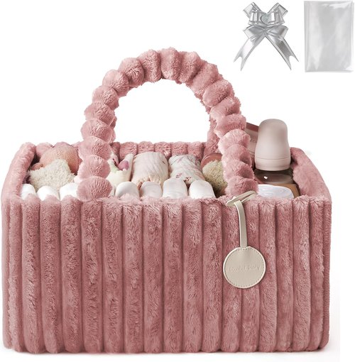 Blissful Diary Flannel Diaper Caddy Organizer - Cozy Plush Pink Nursery Storage Basket | Perfect Baby Shower Gift