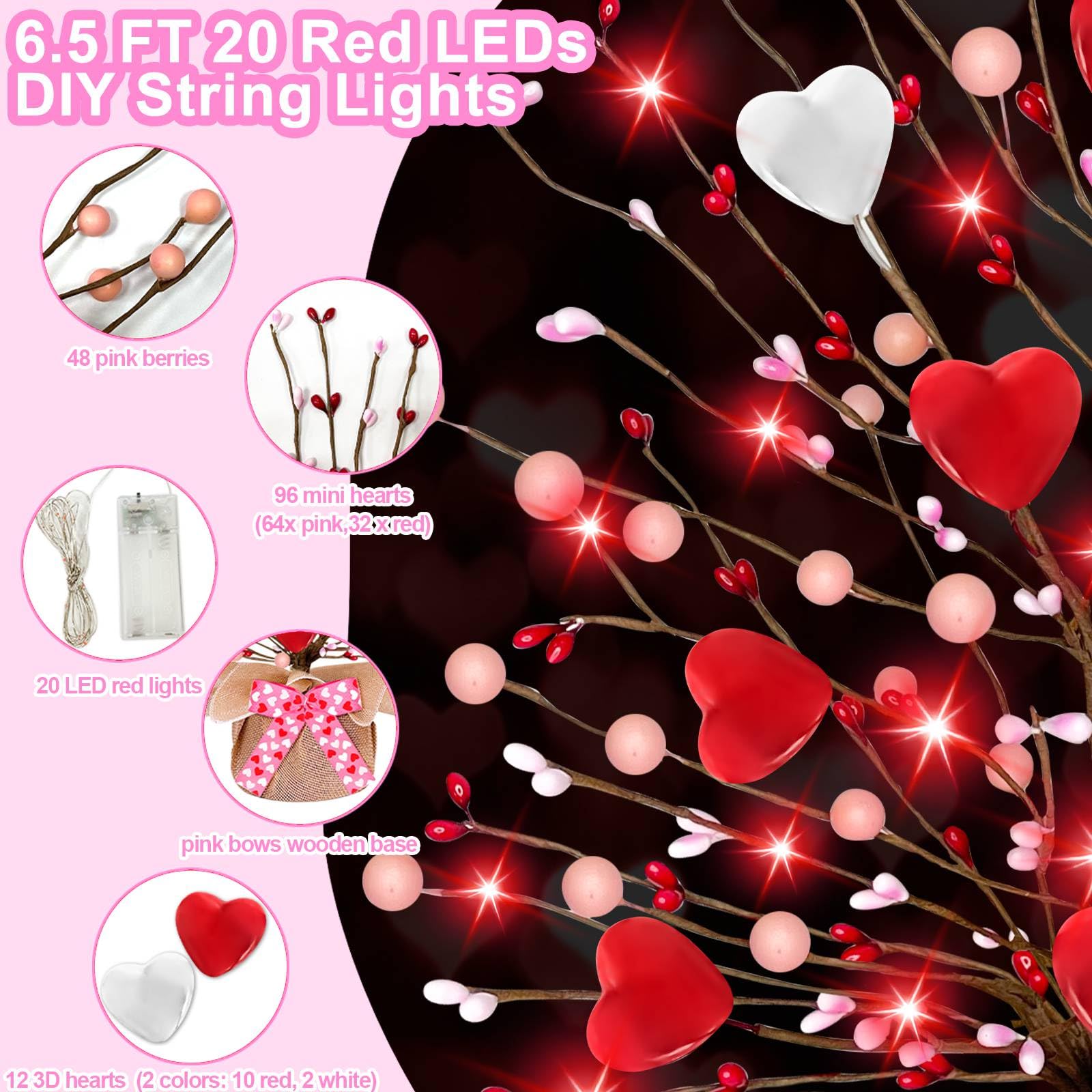 Valentines Day Decorations,Timer Lighted Valentine's Day Tree Tabletop with 20 Red Lights Battery Operated 16 Inch 12 Heart 48 Pink Berries Artificial Tree Valentine's Day Decor Home Party Wedding
