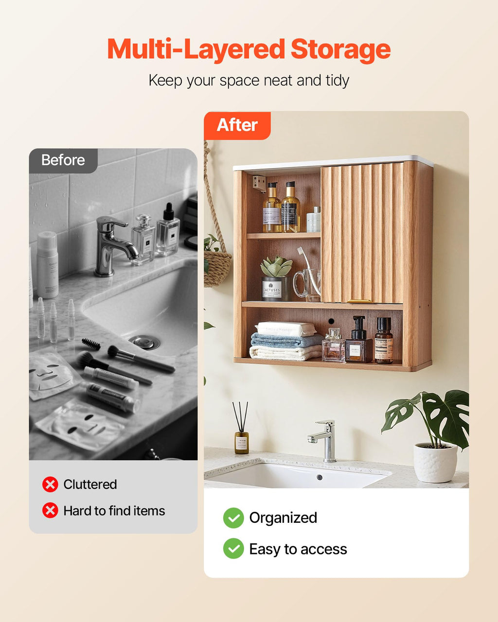 VEVOR Bathroom Wall Cabinet, with Door and Adjustable Shelf, Over The Toilet Storage Medicine Cabinet Wall Mounted, Hanging Organizer with Shelves and Open Partition for Laundry Room Kitchen Restroom