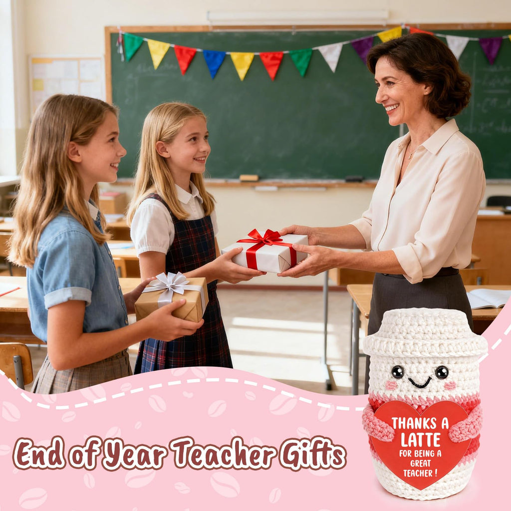 Weming Teacher Appreciation Gifts for Women Teachers, Handmade Crochet Latte Figure with “Thanks A Latte for Being a Great Teacher” Message Sign, End of Year Thank You & Retirement Gift from Students