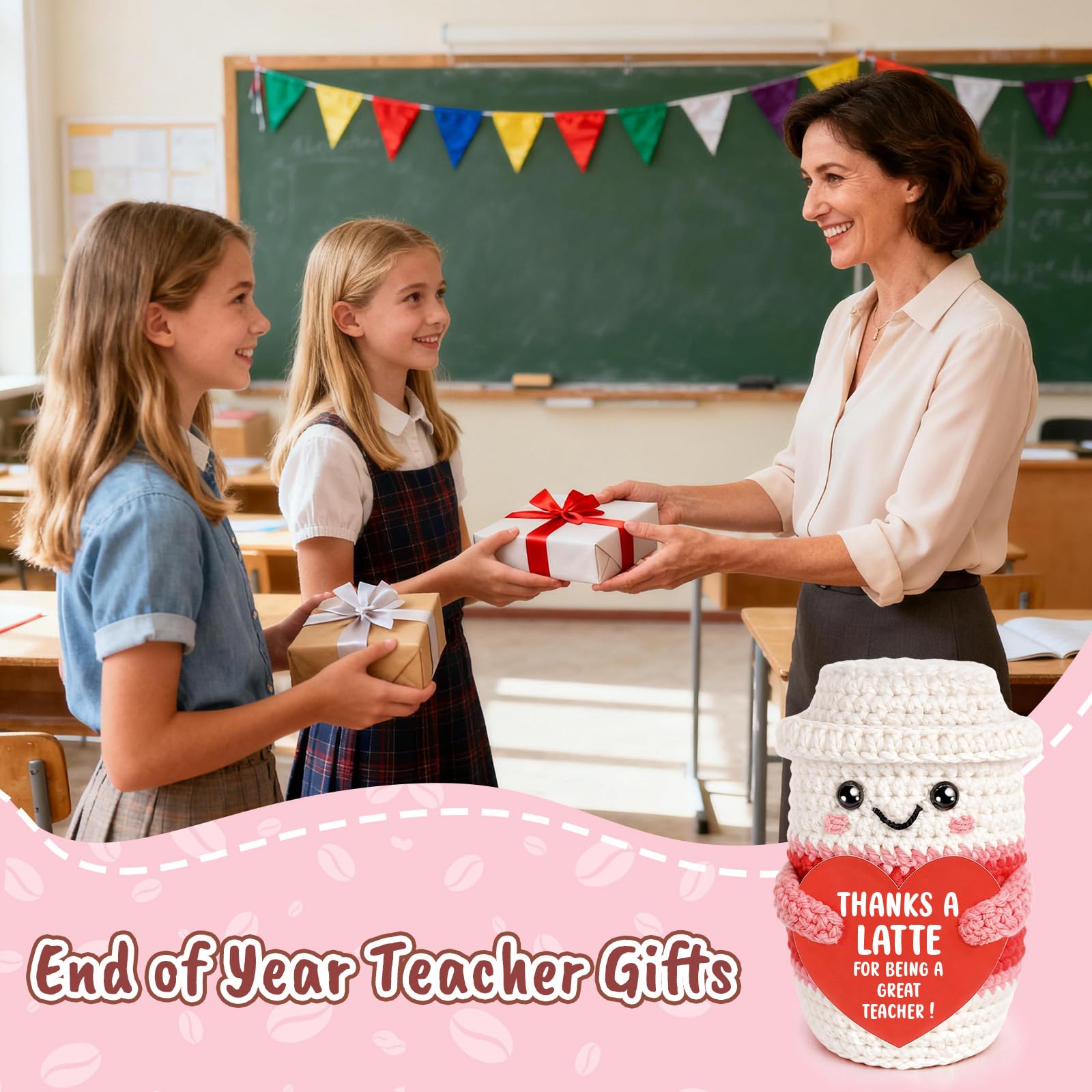Weming Teacher Appreciation Gifts for Women Teachers, Handmade Crochet Latte Figure with “Thanks A Latte for Being a Great Teacher” Message Sign, End of Year Thank You & Retirement Gift from Students