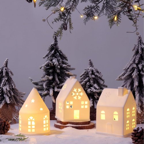 Christmas Village Sets - 3-Piece White Rustic Decor for Indoor Home Display | Farmhouse Tabletop Decorations
