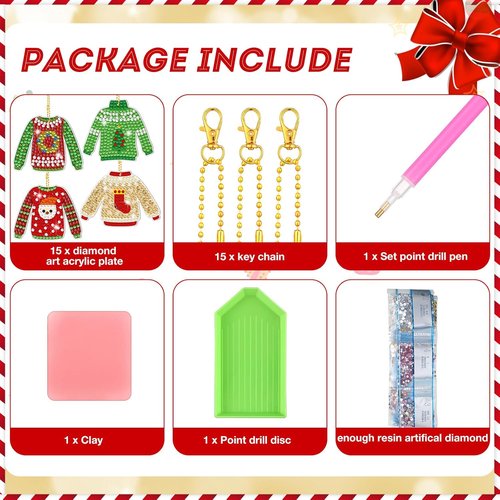 Estune 15 Pcs Christmas Diamond Painting Keychain Kits - DIY 5D Art for Holiday Decor & Gifts