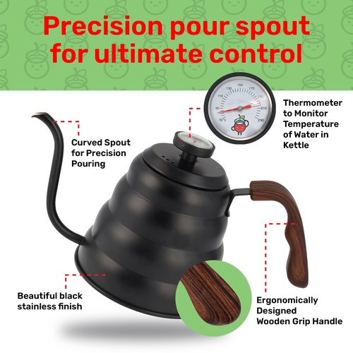 Japanese Gooseneck Kettle Stovetop with Thermometer and Insulated Handle (4-piece, 40.6 oz /1200ml), Stainless Steel Pour Over Tea Stovetop Kettle, Precision Pour Kettles Pot for Coffee & Tea (Black)