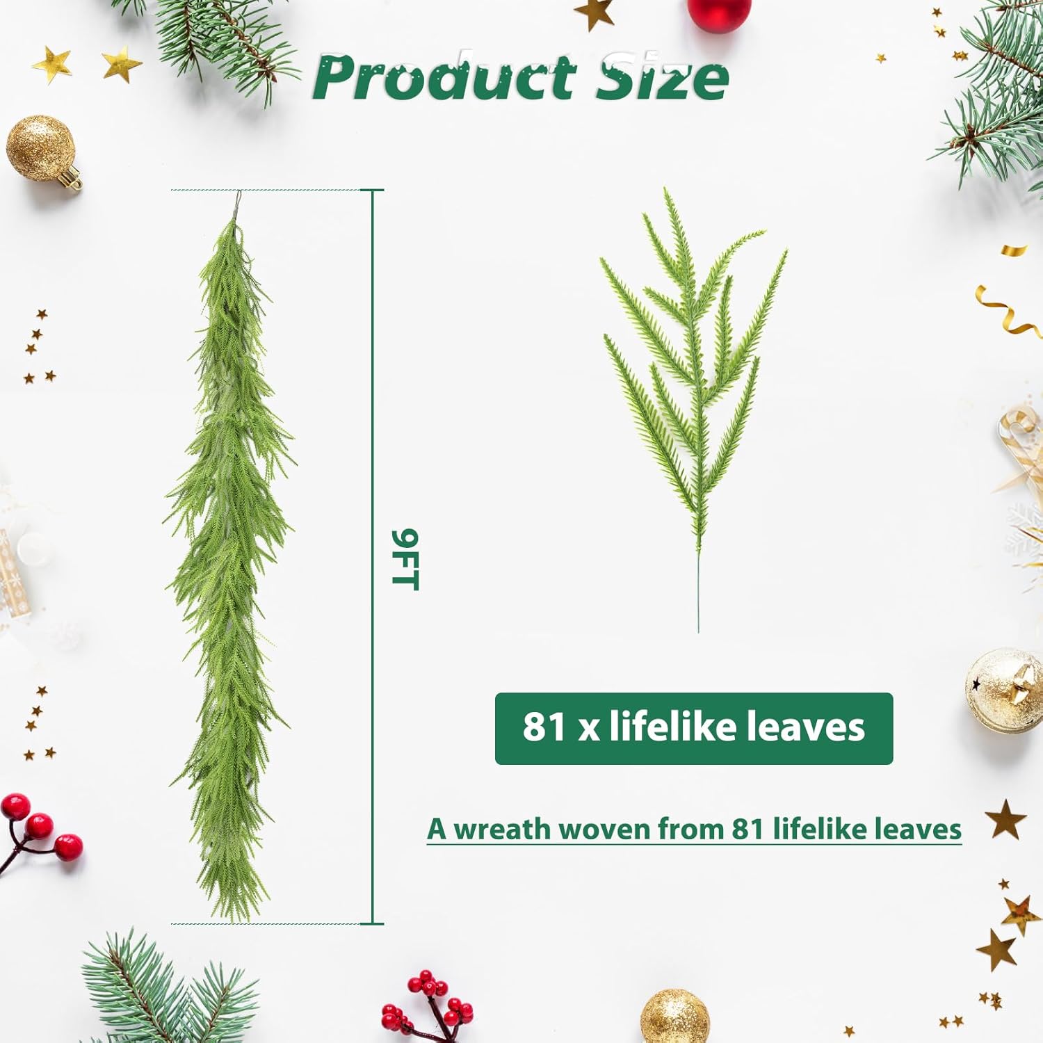 Norfolk Pine Garland - Realistic 9 Ft Faux Pine Christmas Decor for Mantle, Wall & Table