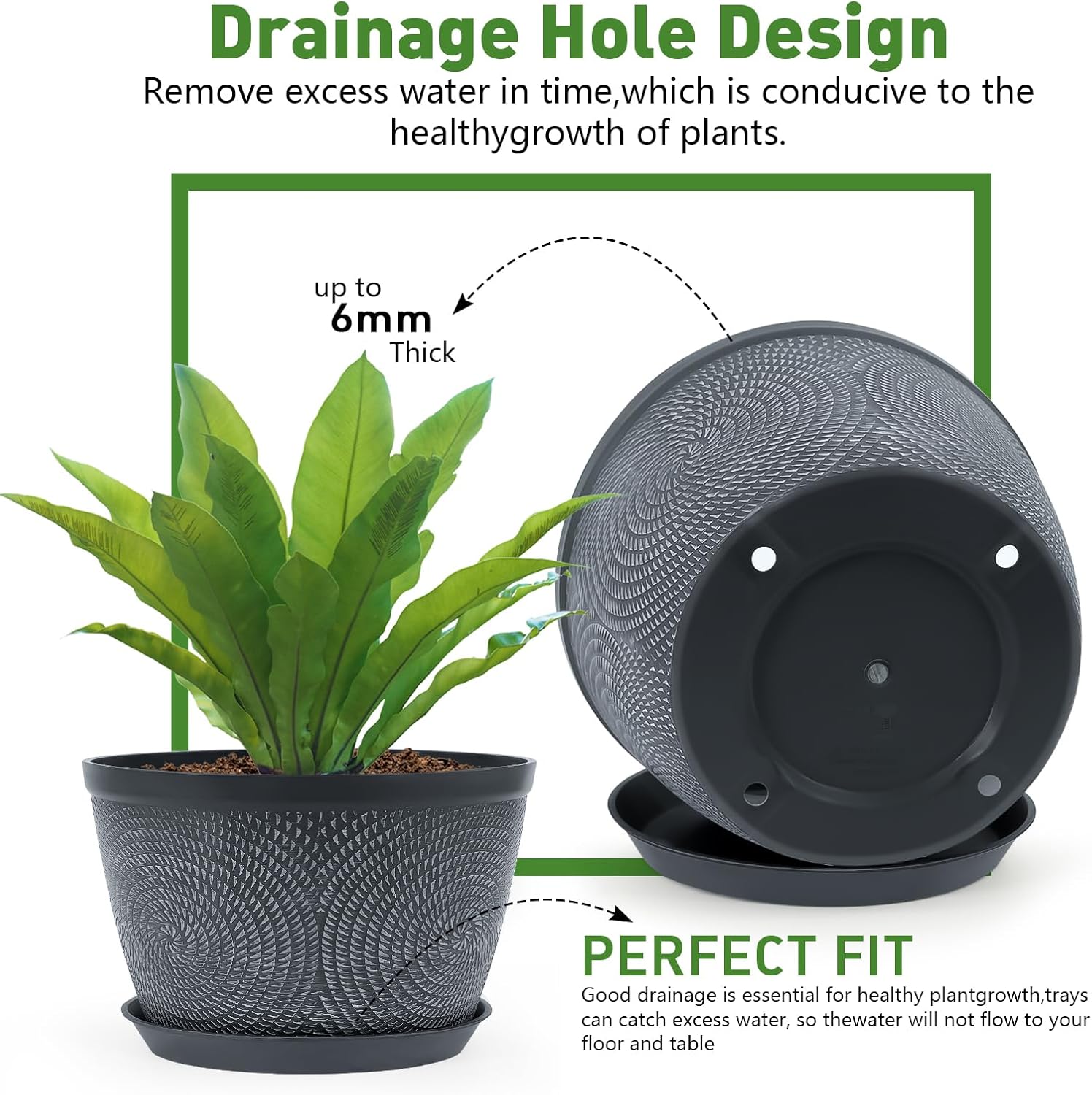 Quarut 10 Inch Flower Pots - 3 Pack Plastic Planters with Drainage Tray | Modern Gray Garden Pots