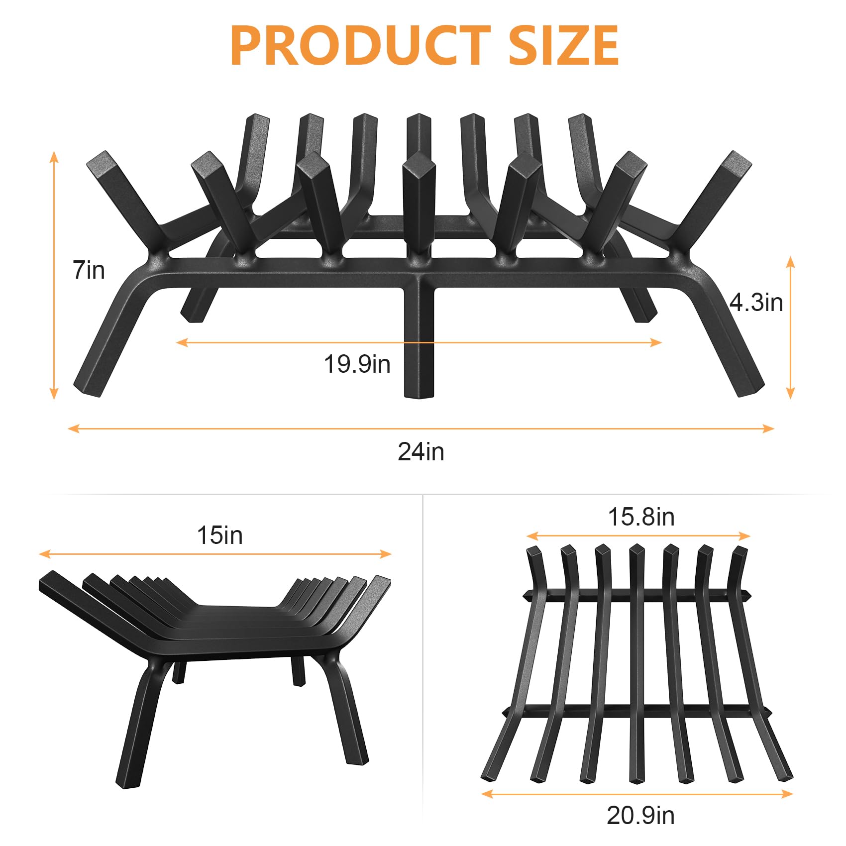 HYTXEN Fireplace Grate 24 Inch, Fireplace Grates Heavy Duty Cast Iron Solid Steel 7 Bars Fire Pit Grate with 6 Support Legs, Fireplace Log Grate Outdoor Indoor Wrought Iron Wood Burning Rack