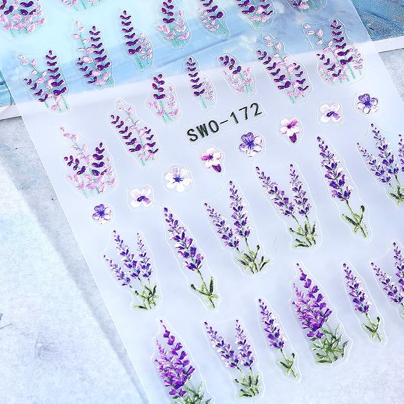 Guroenky 5D Embossed Lavender Nail Art Stickers Self-Adhesive Floral Decals
