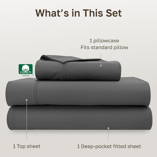 California Design Den Twin Sheet Set - 100% Soft Cotton, 400 Thread Count, Silky Smooth Sateen - Grey