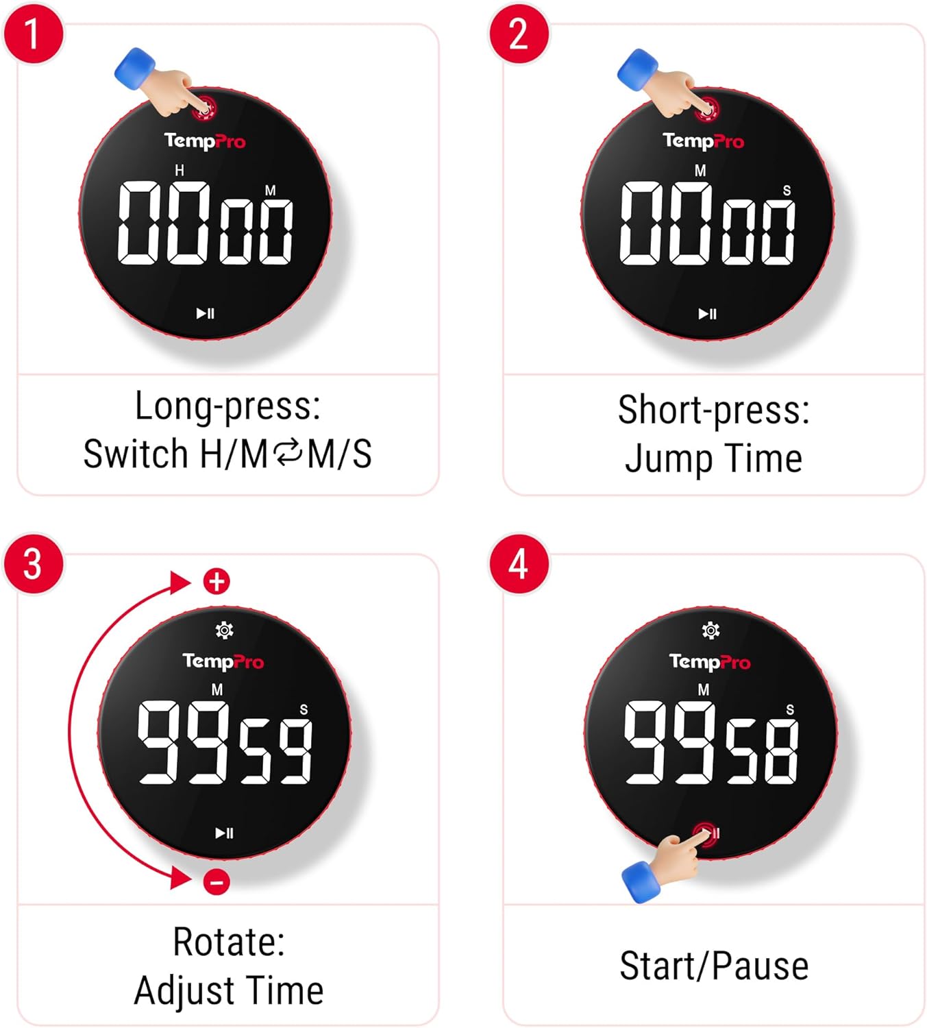 TempPro Digital Kitchen Timer - 99-Hour Countdown with Magnetic Stand & Large LED Display | 3 Volume Levels
