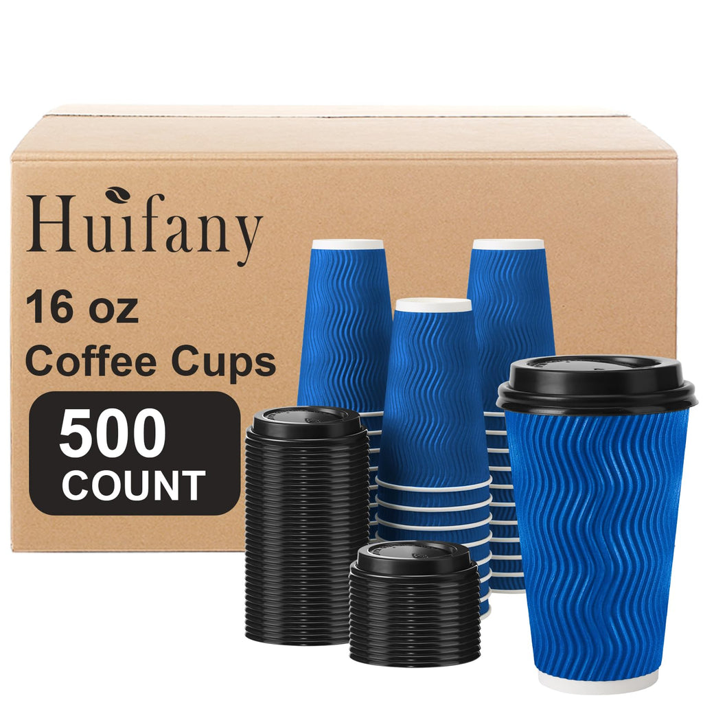 Huifany Disposable Coffee Cups with Lids 16 oz, To Go Paper Coffee Cups with Lids, Insulated Paper Cups for Hot or Cold Beverages (Navy, 500Pack)