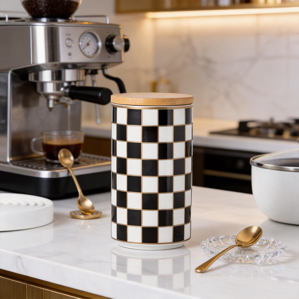 XYQXYQ Kitchen Countertop Ceramic Checkered Canisters,Black And White Food Storage Containers With Lid,Airtight Kitchen Canisters for Flour, Sugar, Coffee, Tea, and Dry Goods (Black, Large)