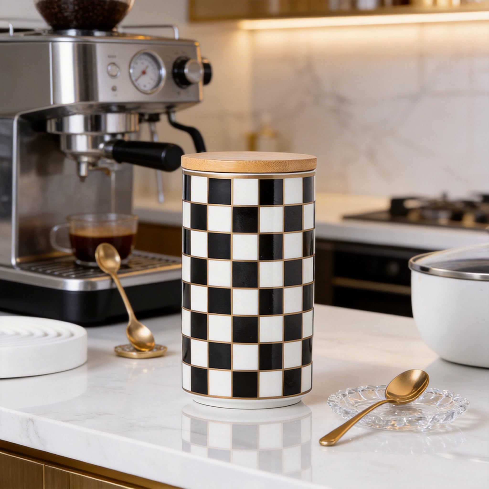 XYQXYQ Kitchen Countertop Ceramic Checkered Canisters,Black And White Food Storage Containers With Lid,Airtight Kitchen Canisters for Flour, Sugar, Coffee, Tea, and Dry Goods (Black, Large)