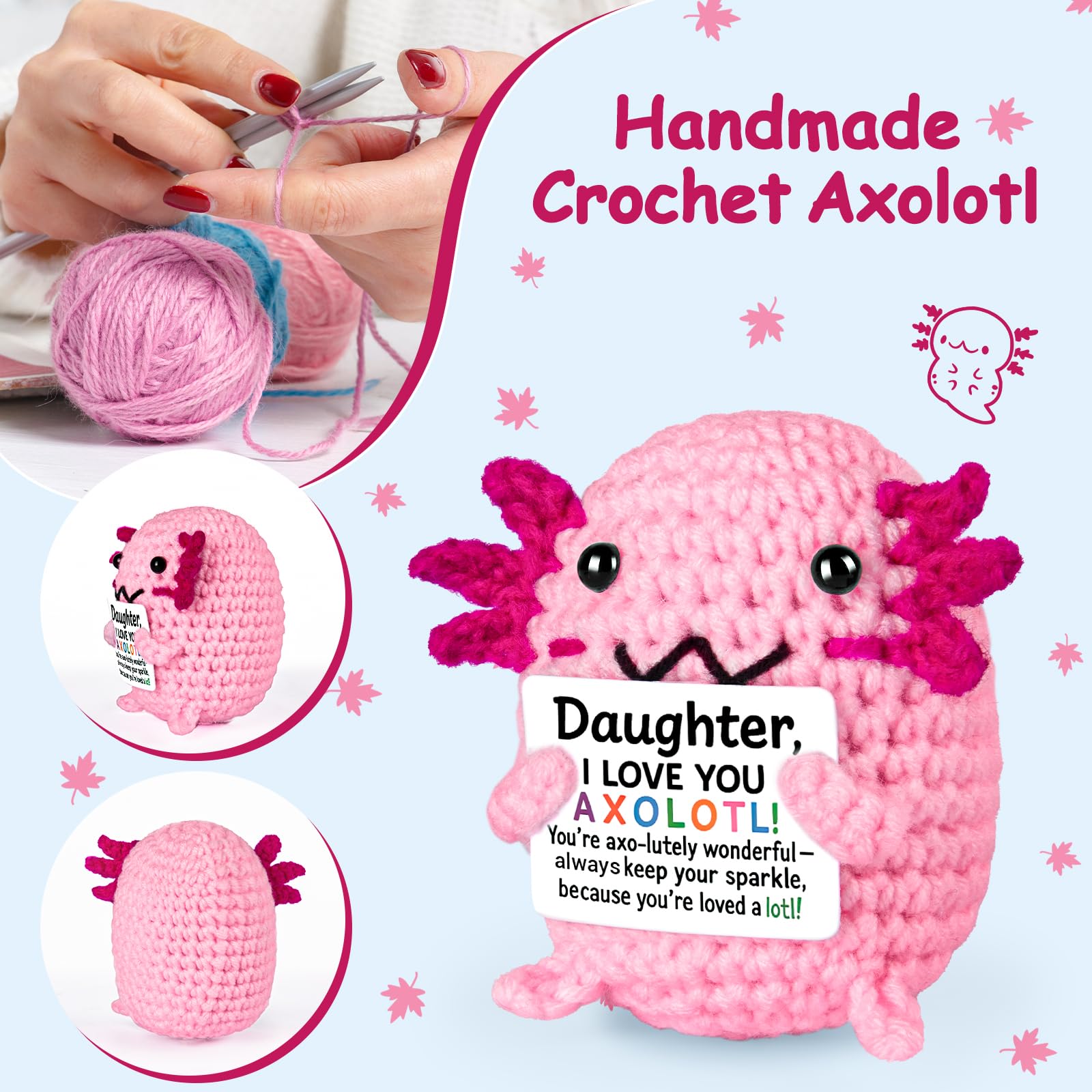 FliipFlaap Positive Crochet Animal Axolotl for Daughter – Cute Handmade Encouragement & Emotional Support Gift from Mom or Dad, Birthday Keepsake Decor, Loving Reminder for Girls