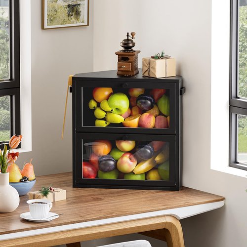 WOWLIVE Corner Bread Box for Kitchen Countertop, Large Double Layer Bread Storage Container for Homemade Bread, Black Bread Holder for Kitchen Counter, Under Cabinet Organizer (Black, Extra Large)