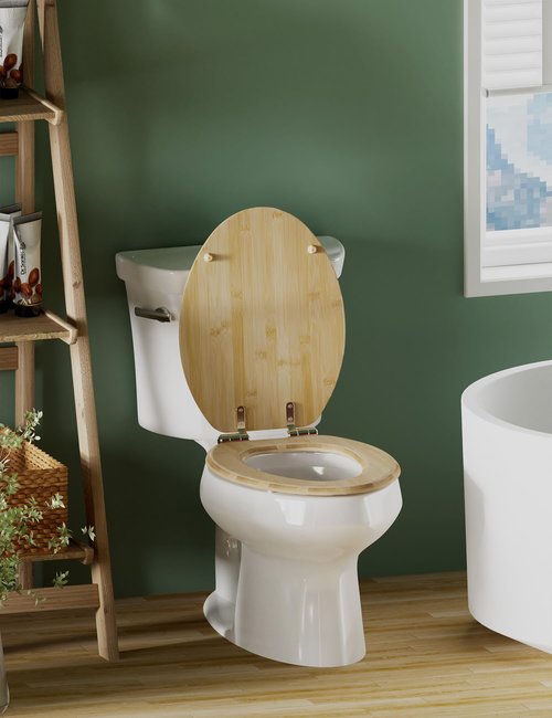 Angol Shiold ELONGATED Bamboo Wood Toilet Seat Soft Close Zinc Alloy Strong Hinges, Light, Easy to Install & Clean, Up to 400 lbs (Elongated 18.5", Natural Bamboo)