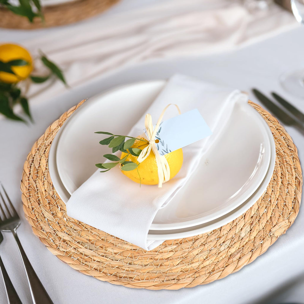 40 Pcs 12 Inch Round Woven Placemats with 20pcs Pearl Napkin Rings，Rattan Placemats Bulk Boho Woven Chargers Natural Water Hyacinth Place Mat for Wedding Party, Dinner Table