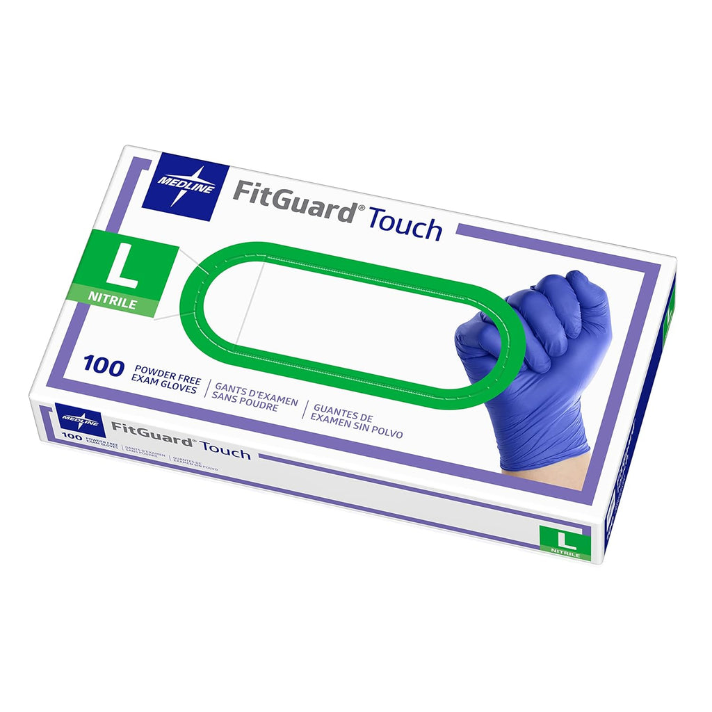 Medline FitGuard Touch Nitrile Exam Gloves - Powder-Free, Durable, Large, 100 Count | Ideal for Medical and Household Use