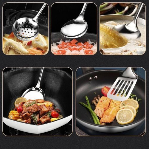 DYAYGPRGP Stainless Steel Cooking Utensils Set, 5 Pcs Stainless Steel Kitchen Utensils Set, Wok Utensils Set Include Wok Ladle, Slotted Spoon, Soup, Wok Spatula and Slotted Spatula