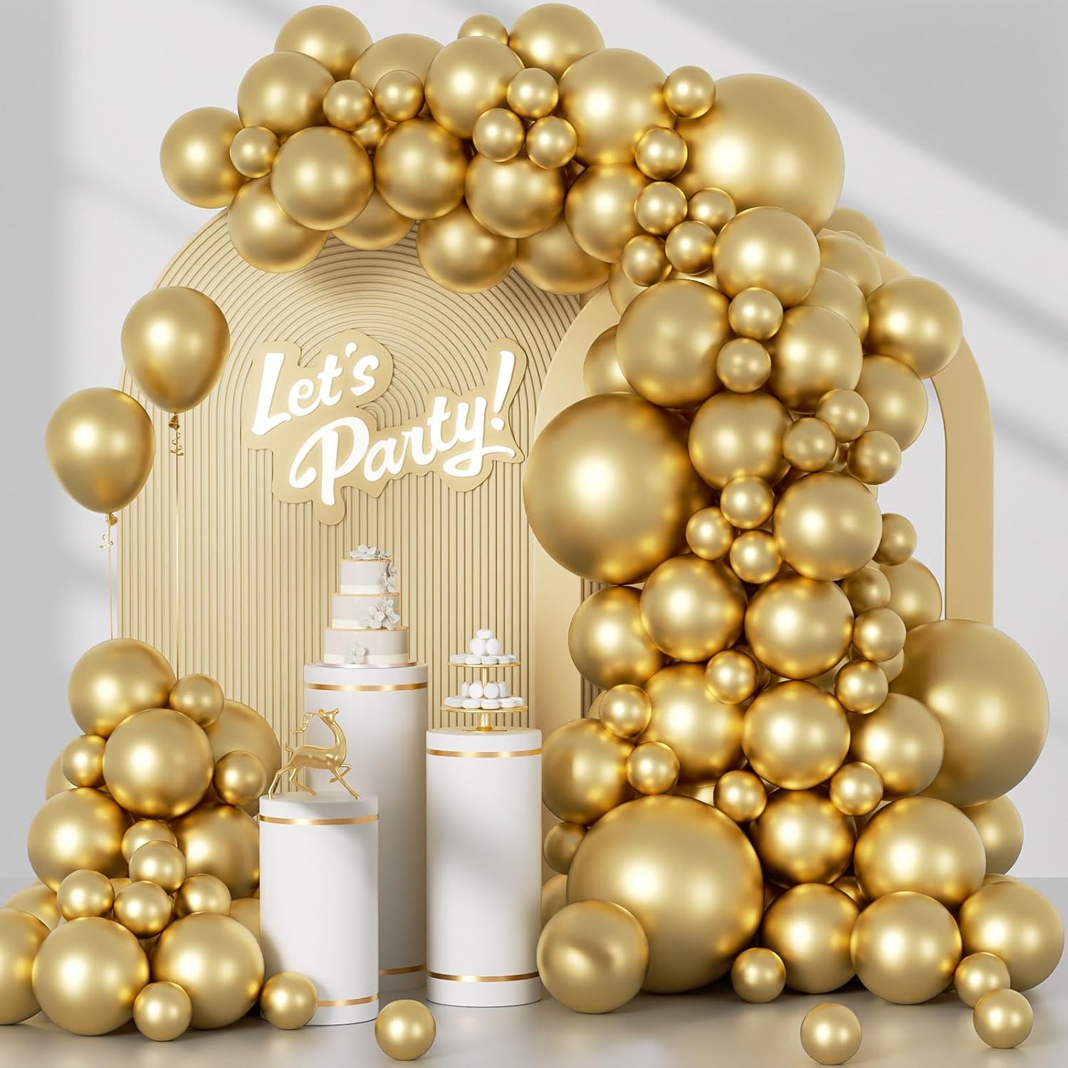 Awenztech Metallic Gold Balloon Arch Kit - 120pcs Chrome Latex Balloons in Various Sizes for Celebrations