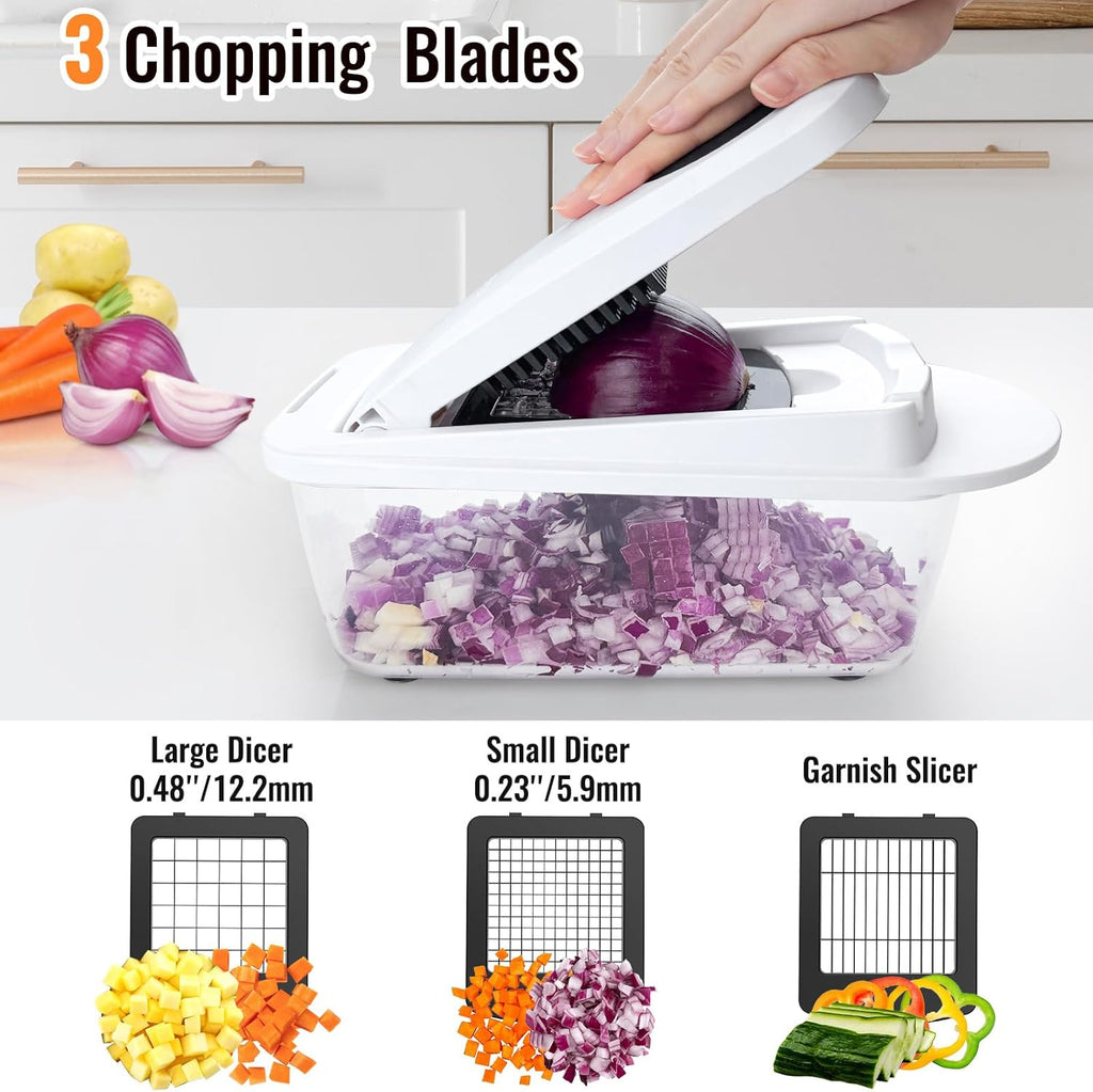 Skiennix 8-Blade Vegetable Chopper - All-in-One Mandoline Slicer with Container for Effortless Salad Prep | White