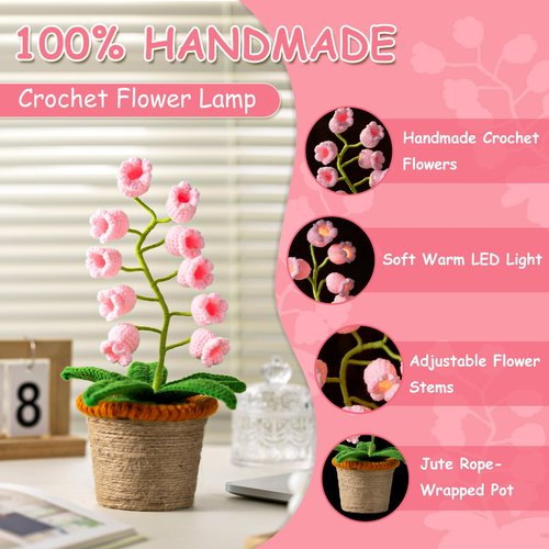 ANZRLE Lily of The Valley Lamp, Pink Crochet Artificial Flowers with Night Lights, Cordless Table Lamp -Birthday Gifts for Women,Cozy Home Decor Mothers Day Gifts