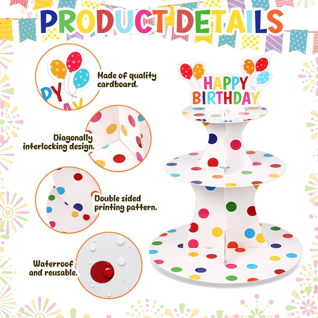 Zopeal Happy Birthday Cupcake Stand 3 Tier Birthday Party Cupcake Holder Polka Dots Cake Stand Holder Cardboard Dessert Tower for Theme Party Supplies Cake Decorations