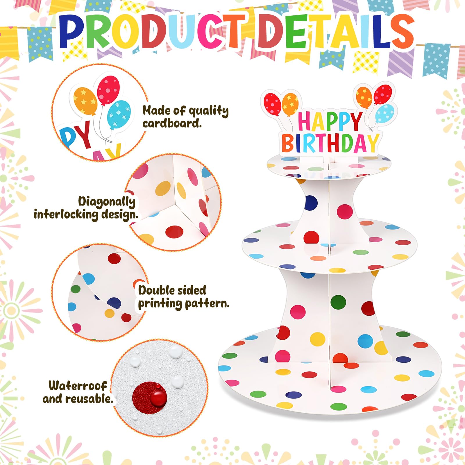 Zopeal Happy Birthday Cupcake Stand 3 Tier Birthday Party Cupcake Holder Polka Dots Cake Stand Holder Cardboard Dessert Tower for Theme Party Supplies Cake Decorations