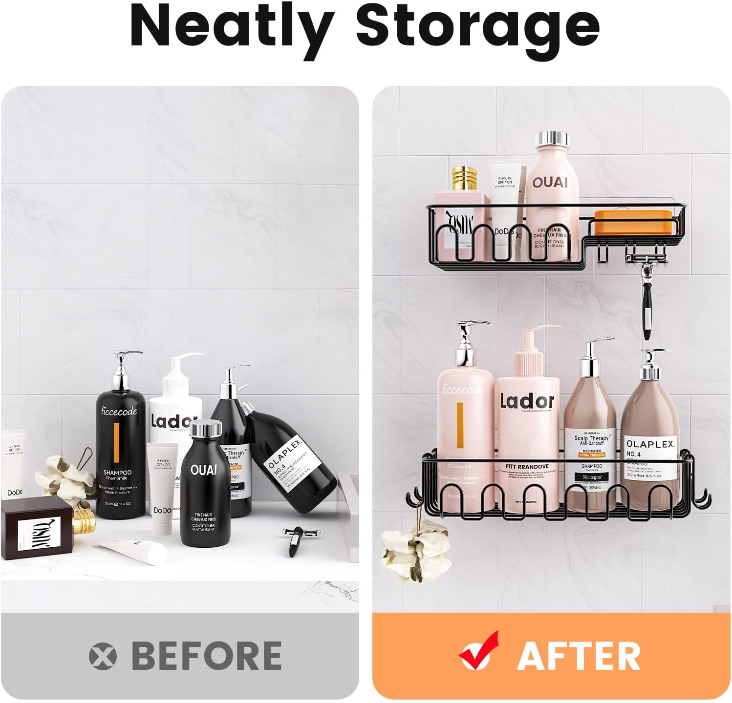 Saydear Adhesive Shower Caddy - Rustproof Metal Bathroom Storage Shelf with 2 Bonus Hooks | 4-Pack, Drill-Free Black